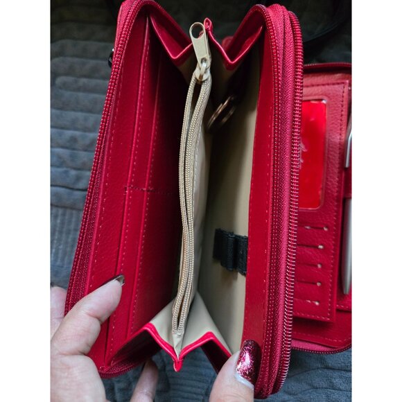 Buxton Red Vegan Leather Zip Around RFID Wallet w/Black Strap - Picture 8 of 9